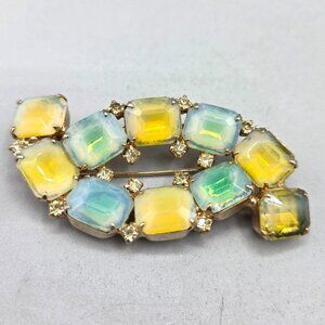 Kramer NY Rhinestone and Opalescent Glass Brooch Gold Tone Signed